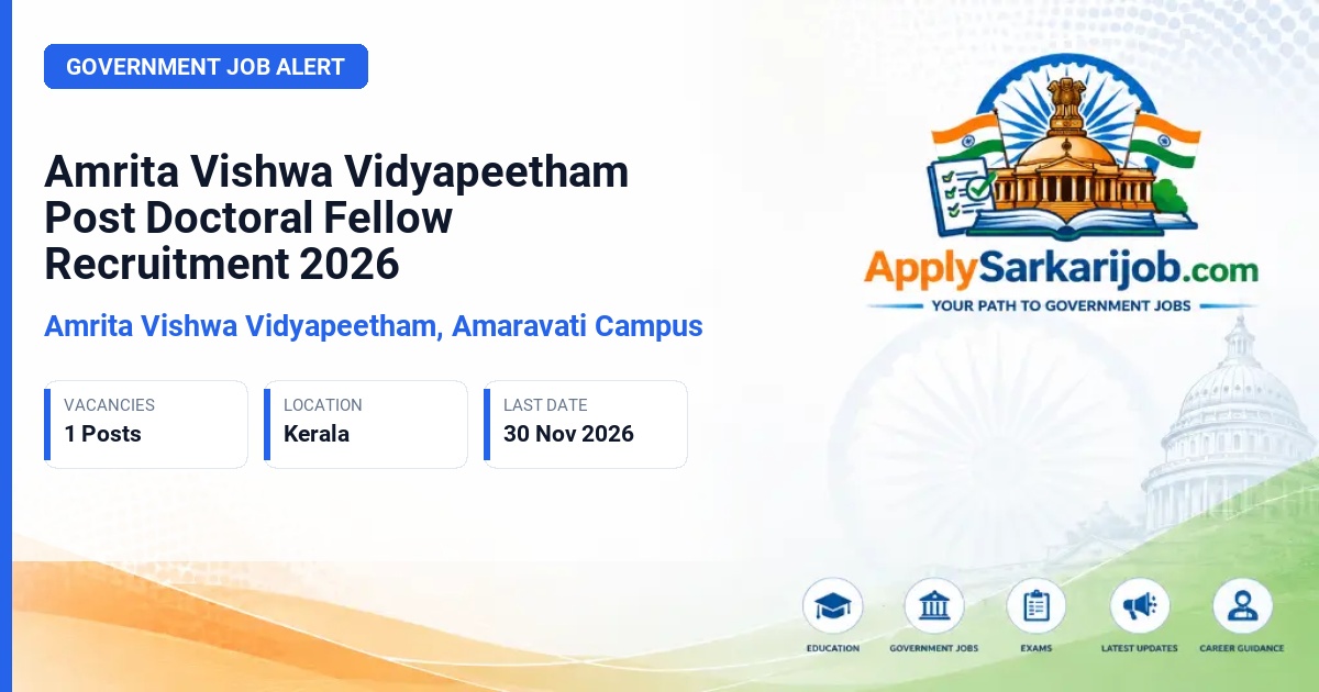 Amrita Vishwa Vidyapeetham, Amaravati Campus - Post Doctoral Fellow Official Notification Poster & Schedule