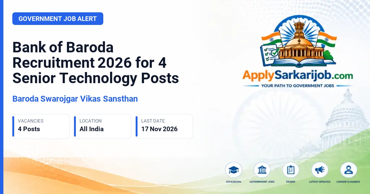 Baroda Swarojgar Vikas Sansthan - SVP: Dy. Chief Technology Officer (Dy. CTO), VP: Head AI, DVP: Dy. Head Cloud CoE (Centre of Excellence), DVP: Dy. Head Platform Engineering Official Notification Poster & Schedule