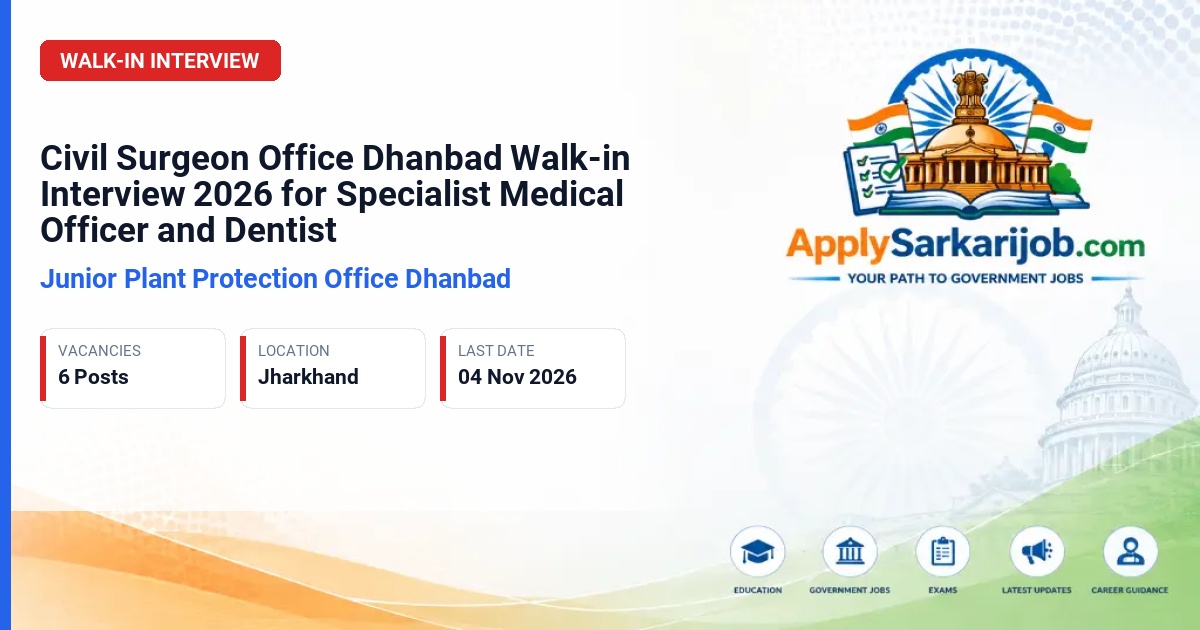 Junior Plant Protection Office Dhanbad - Specialist Medical Officer and Dentist Official Notification Poster & Schedule