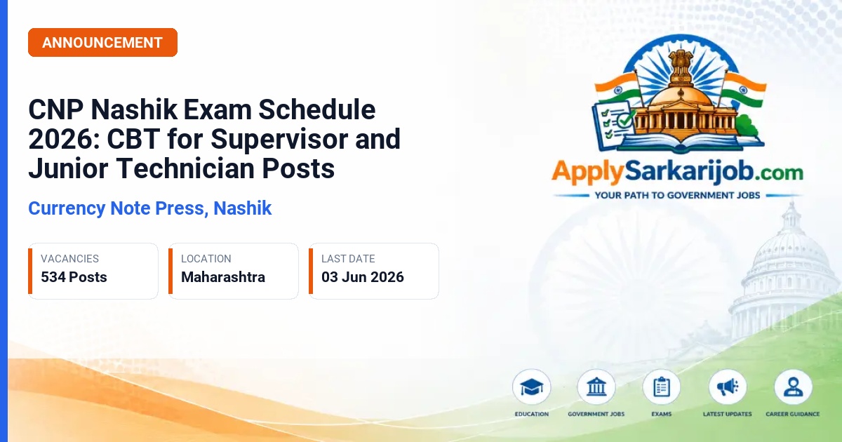 Currency Note Press Nashik (CNP Nashik SPMCIL) - Supervisor, Junior Technician, and Others Official Notification Poster & Schedule