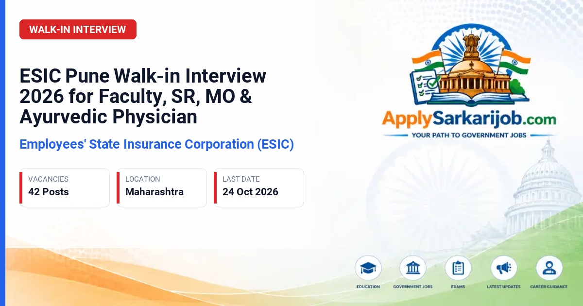 Employees' State Insurance Corporation (ESIC) - Professor, Associate Professor, Assistant Professor, Senior Resident, Medical Officer for DCBO, Part Time Ayurvedic Physician Official Notification Poster & Schedule