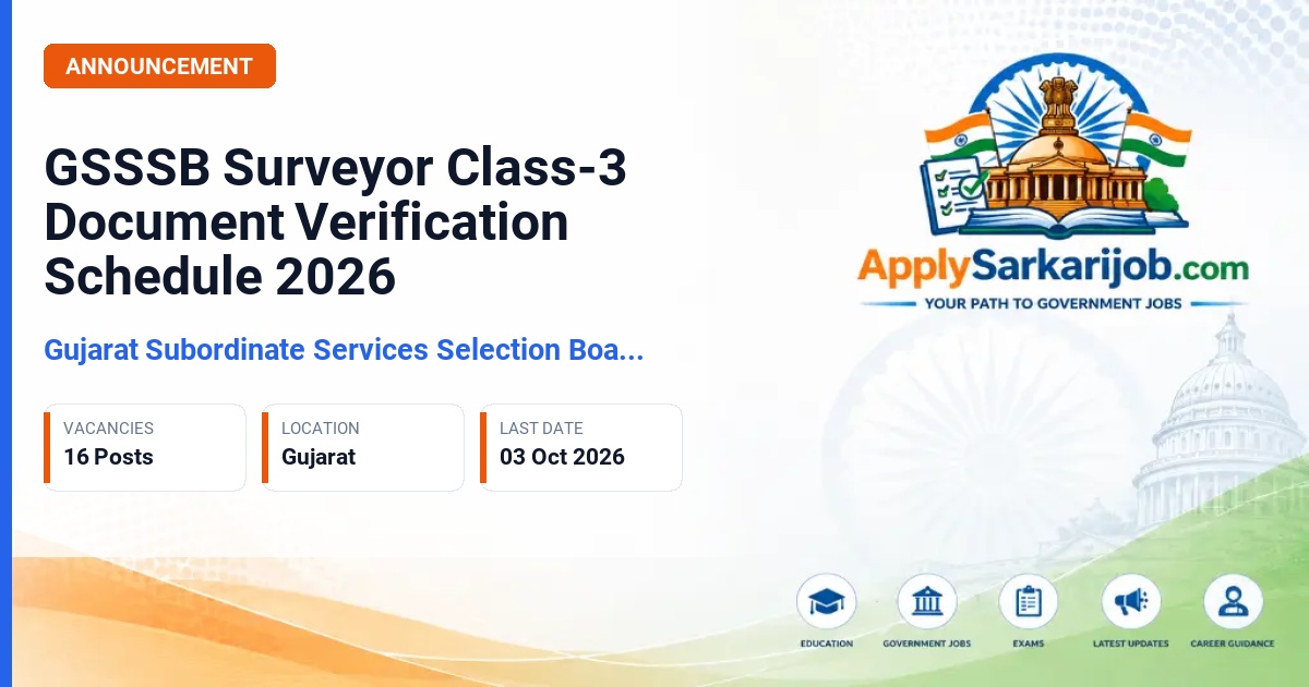 Gujarat Subordinate Services Selection Board (GSSSB) - Surveyor, Class-3 Official Notification Poster & Schedule