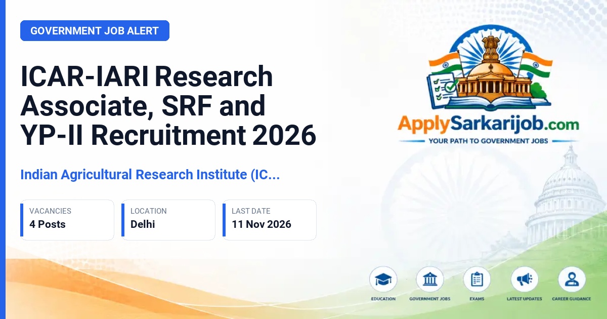 Indian Agricultural Research Institute (ICAR IARI) - Research Associate, Senior Research Fellow, Young Professional-II Official Notification Poster & Schedule