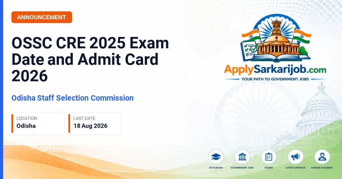 Odisha Staff Selection Commission (OSSC) - Combined Recruitment Examination (CRE) 2025 Official Notification Poster & Schedule