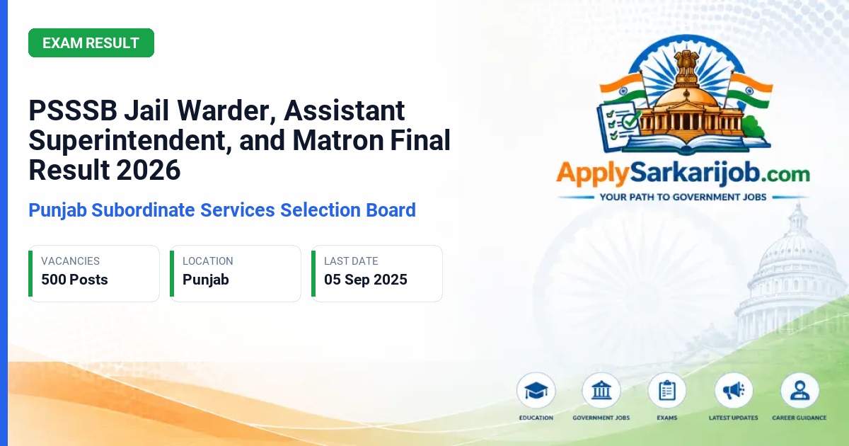 Punjab Subordinate Services Selection Board (PSSSB) - Warder, Assistant Superintendent, Matron Official Notification Poster & Schedule