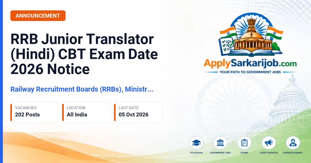 Railway Recruitment Boards (RRBs), Ministry of Railways - Junior Translator (Hindi) Official Notification Poster & Schedule