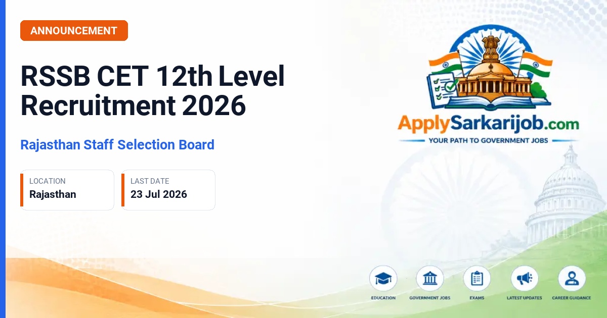 Rajasthan Staff Selection Board (RSSB), Jaipur - Various 12th Level Posts (CET) Official Notification Poster & Schedule