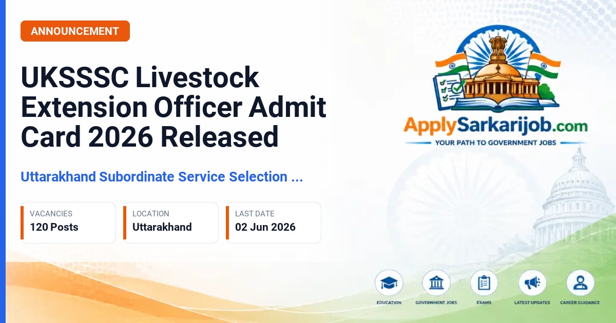 Uttarakhand Subordinate Service Selection Commission - Livestock Extension Officer (Pashudhan Prasar Adhikari) Official Notification Poster & Schedule