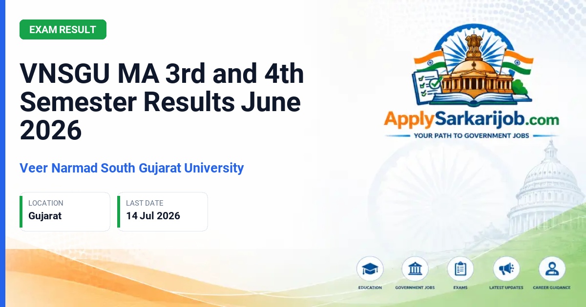 Veer Narmad South Gujarat University (VNSGU) - VNSGU MA 3rd and 4th Semester Results June 2026 Official Notification Poster & Schedule